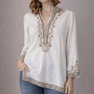 J.Crew White Linen Embroidered Tunic Top – Long Sleeve Boho Chic Style  size M